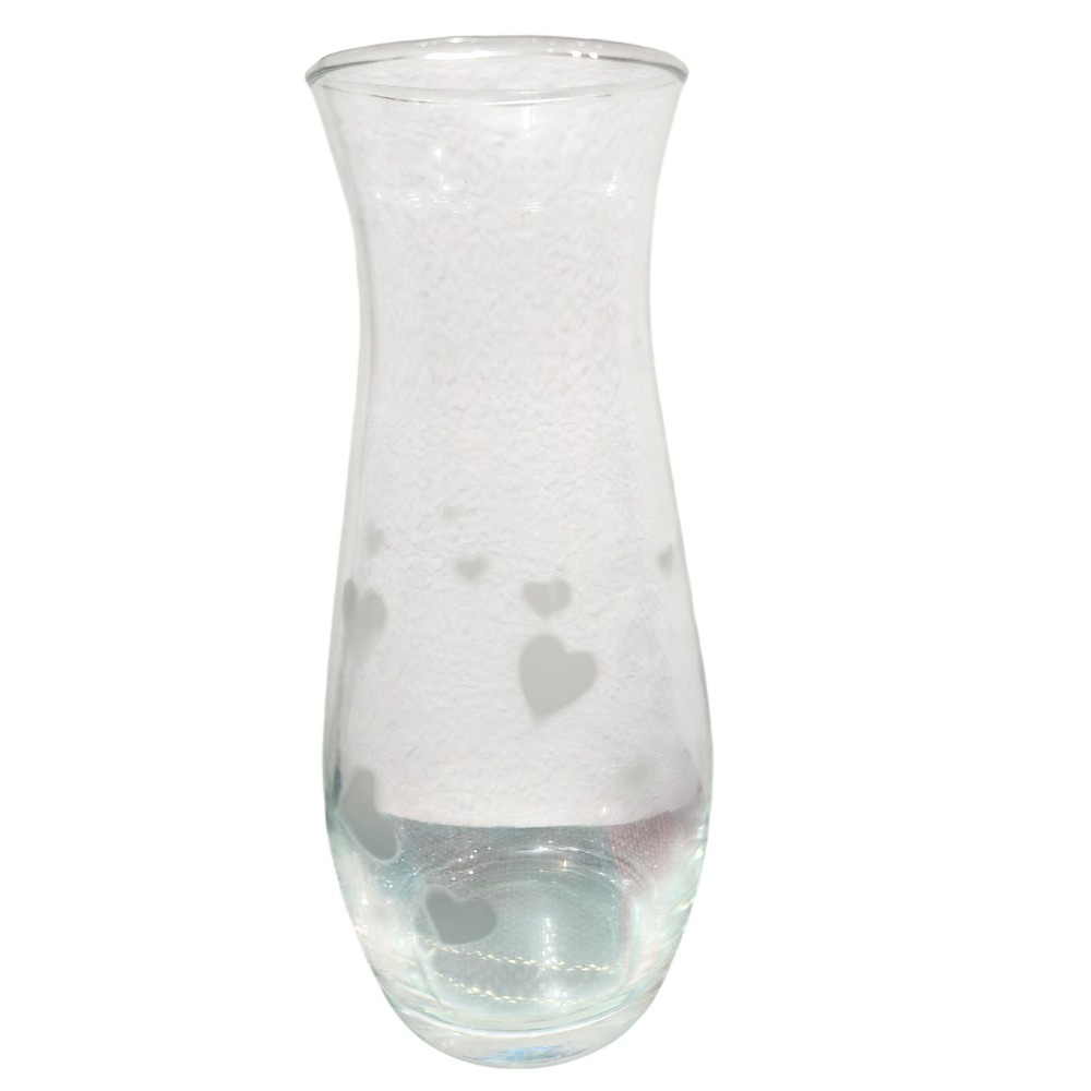 Vintage small flower vase‎ clear glass with etched hearts